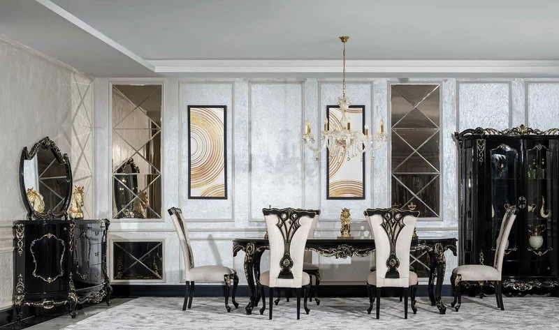 Casa Padrino Luxus Barock Esszimmer Set Creme / Schwarz / Gold - 1 Barock Esstisch & 8 Barock Esszimmerstühle - Luxus Esszimmer Möbel im Barockstil - Prunkvolle Barock Esszimmer Möbel