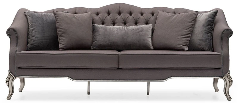 Casa Padrino Luxus Barock Wohnzimmer Sofa Grau / Silber - Handgefertigtes Barockstil Sofa mit dekorativen Kissen - Barock Möbel - Luxus Wohnzimmer Möbel im Barockstil - Edel & Prunkvoll