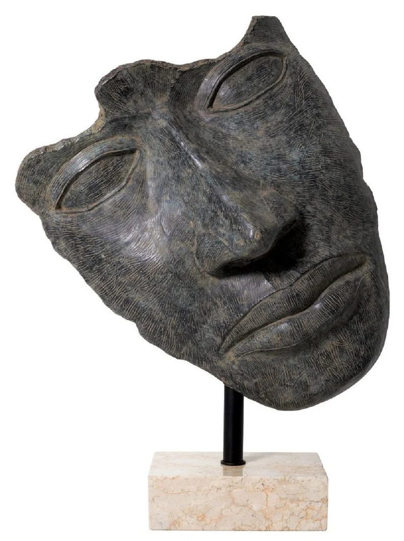 Casa Padrino Luxus Deko Skulptur Gesicht Antik Bronze / Schwarz / Beige 69 x 30,5 x H. 95 cm - Deko Figur mit Marmorsockel - Deko Accessoires - Luxus Qualität