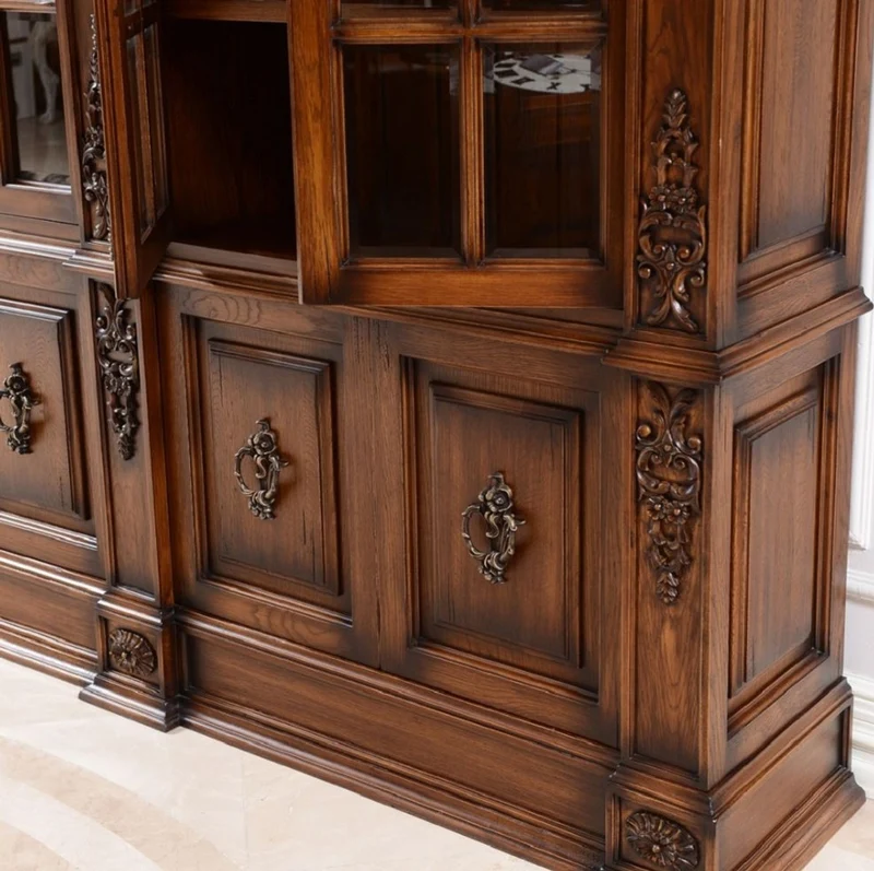 Casa Padrino Luxus Landhausstil Bücherschrank Braun / Antik Messing 262,5 x 54 x H. 251 cm - Massivholz Schrank mit Beleuchtung - Wohnzimmerschrank - Büroschrank - Luxus Landhausstil Möbel