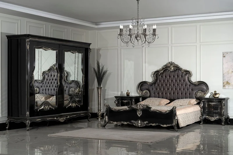 Casa Padrino Luxus Barock Schlafzimmerschrank Schwarz / Silber - Prunkvoller Massivholz Schrank mit 2 verspiegelten Schiebetüren - Barock Kleiderschrank - Barock Schlafzimmer Möbel