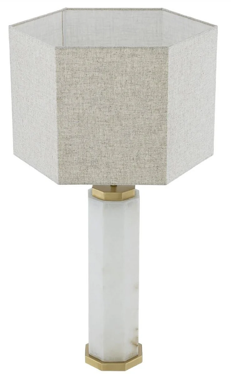 Casa Padrino Luxus Tischleuchte Weiß / Antik Messing / Grau 46 x 46 x H. 84,5 cm - Alabaster Schreibtischleuchte mit sechseckigem Lampenschirm - Luxus Tischleuchten - Luxus Schreibtischleuchten