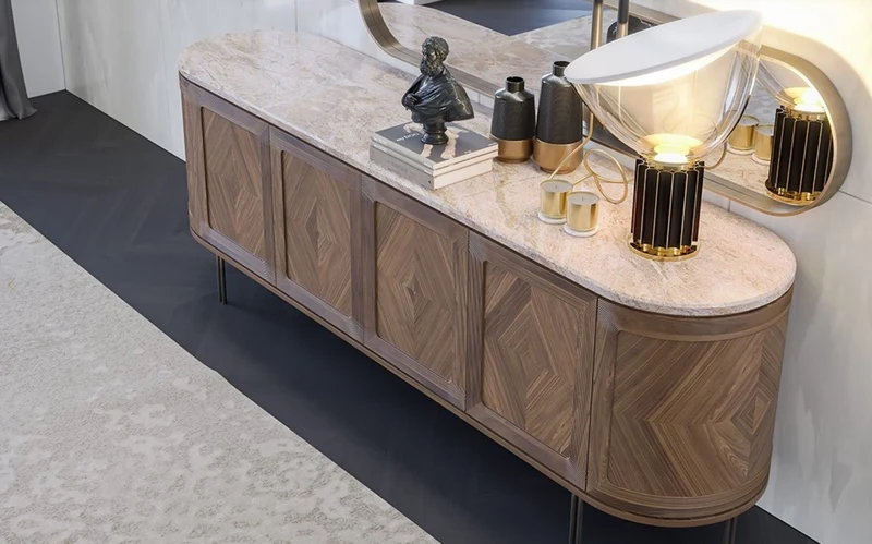 Casa Padrino Luxus Sideboard Braun / Beige / Messing 244 x 56 x H. 85 cm - Ovaler Massivholz Schrank mit 4 Türen und Marmorplatte - Esszimmer Möbel - Hotel Möbel - Luxus Möbel