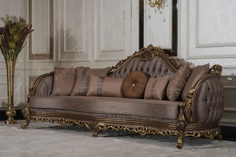 Casa Padrino Luxus Barock Wohnzimmer Sofa Grau / Braun / Gold - Handgefertigtes Barockstil Sofa mit dekorativen Kissen - Luxus Wohnzimmer Möbel im Barockstil - Barock Möbel - Edel & Prunkvoll