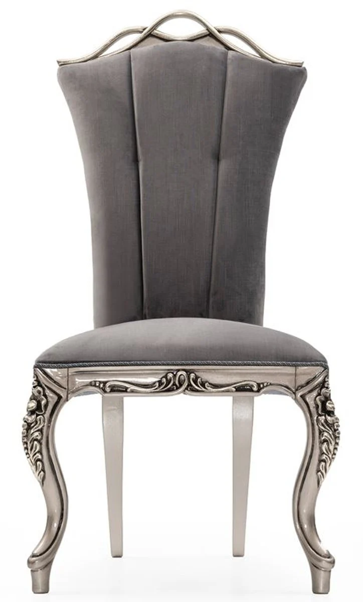 Casa Padrino Luxus Barock Esszimmer Stuhl 4er Set Grau / Silber - Prunkvolle Barockstil Küchen Stühle - Luxus Esszimmer Möbel im Barockstil - Barock Esszimmer Möbel - Barockstil Möbel