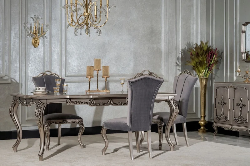 Casa Padrino Luxus Barock Esszimmer Stuhl 4er Set Grau / Silber - Prunkvolle Barockstil Küchen Stühle - Luxus Esszimmer Möbel im Barockstil - Barock Esszimmer Möbel - Barockstil Möbel
