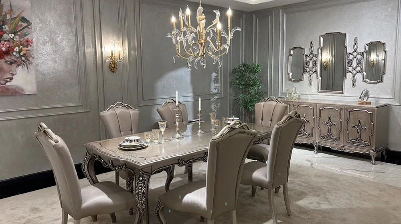 Casa Padrino Luxus Barock Esstisch Silber - Rechteckiger Barockstil Küchentisch - Luxus Esszimmer Möbel im Barockstil - Barock Esszimmer Möbel - Barock Einrichtung