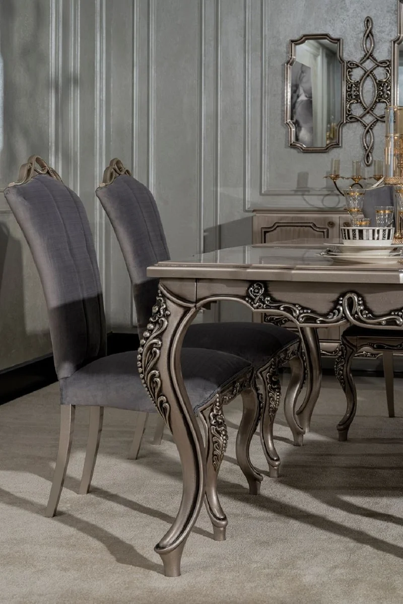 Casa Padrino Luxus Barock Esstisch Silber - Rechteckiger Barockstil Küchentisch - Luxus Esszimmer Möbel im Barockstil - Barock Esszimmer Möbel - Barock Einrichtung