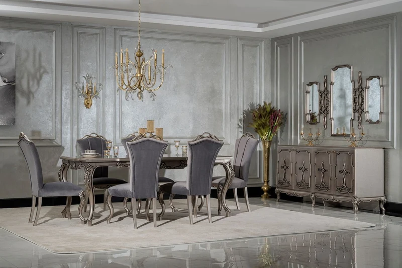 Casa Padrino Luxus Barock Esstisch Silber - Rechteckiger Barockstil Küchentisch - Luxus Esszimmer Möbel im Barockstil - Barock Esszimmer Möbel - Barock Einrichtung