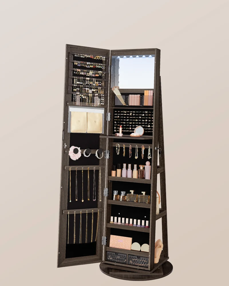 SONGMICS 360° Swivel Mirror Jewelry Cabinet Standing 6 LEDs Jewelry Armoire Box Organizer with Full Length Mirror and Storage Shelve