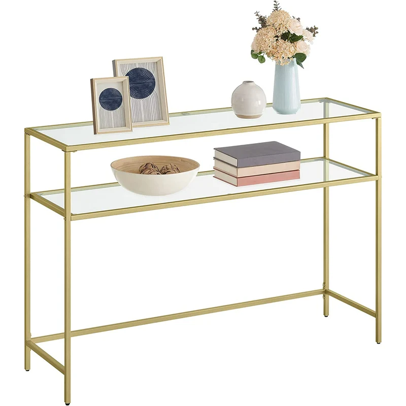 VASAGLE 47.2" Console Sofa Table Modern Entryway Table Tempered Glass Table 2 Shelves for Living Room Hallway Gold Color