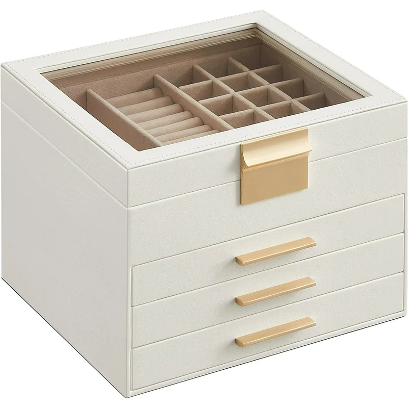 SONGMICS Jewelry Box with Glass Lid, 4-Layer Jewelry Organizer, 3 Drawers, for Big and Small Jewelry, Jewelry Storage,Cloud White and Gold Color