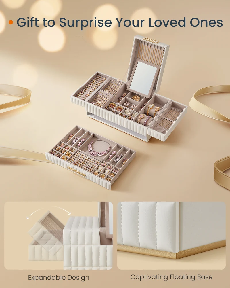 ANAH Jewelry Box with Mirror, Large Capacity Jewelry Organizer with a Drawer, Expandable Top Tray, White