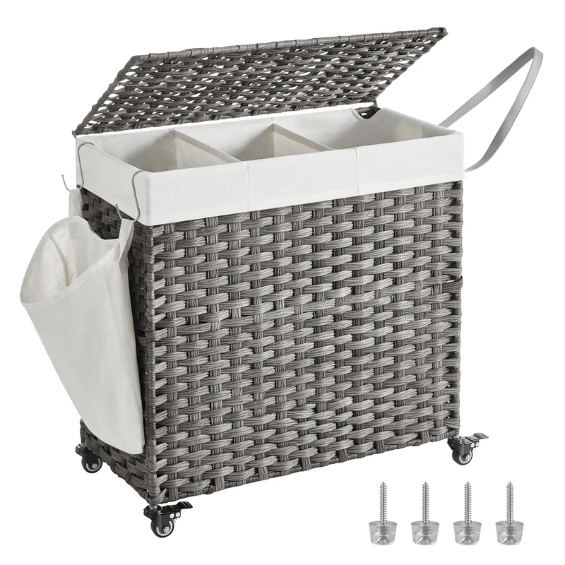 140L Laundry Hamper with Lid Rolling Laundry Basket with Wheels 3-Section Synthetic Rattan Laundry Hamper Removable Liner for Bedroom Gray