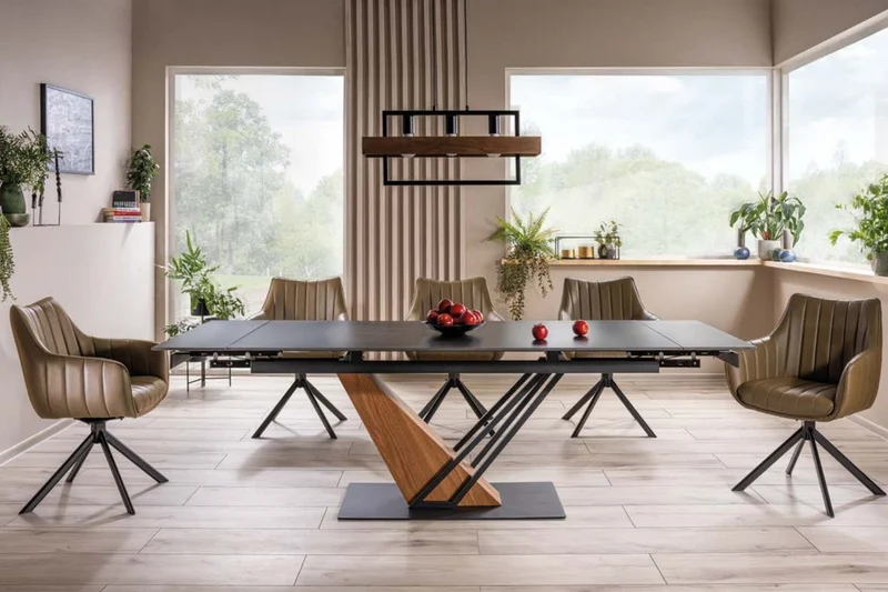 Casa Padrino Designer Esstisch Schwarz / Braun 180-240 x 90 x H. 75 cm - Ausziehbarer Esszimmertisch mit Keramik Tischplatte in Marmoroptik - Esszimmer Möbel - Küchen Möbel - Designer Möbel