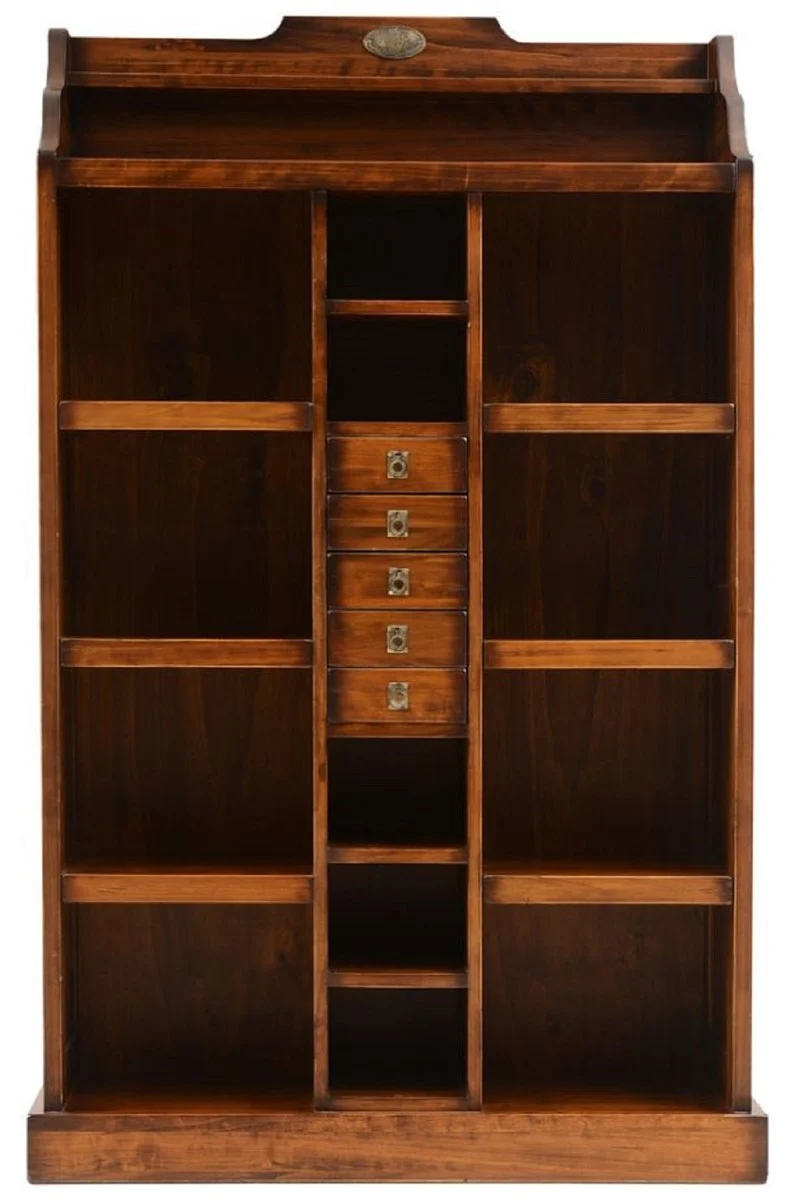 Casa Padrino Luxus Vintage Stil Bücherschrank Braun / Messing 105 x 35 x H. 169 cm - Massivholz Regalschrank - Wohnzimmer Schrank - Büro Schrank - Büro Möbel - Luxus Vintage Stil Möbel