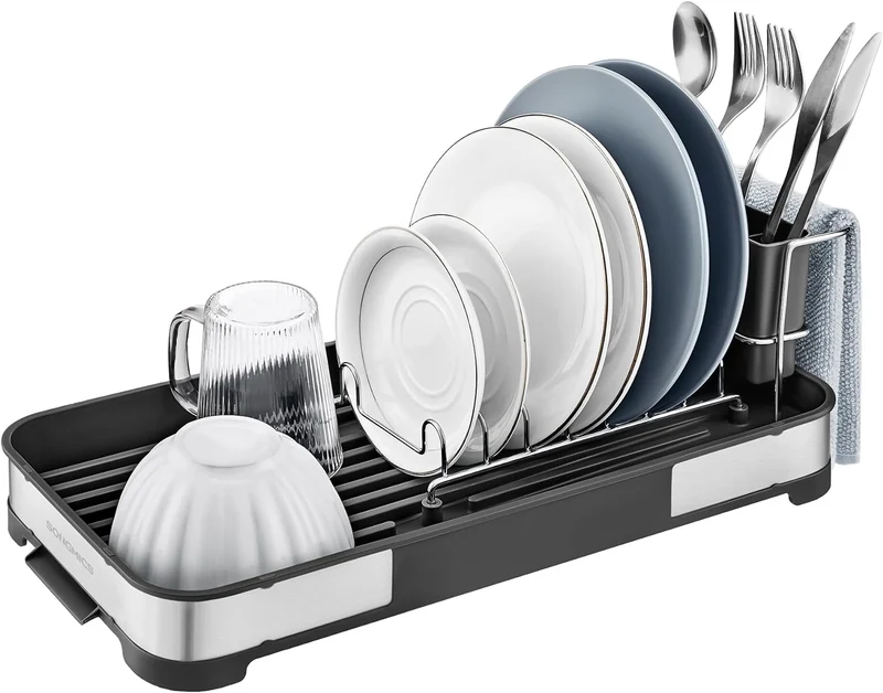 SONGMICS Small Dish Drying Rack, Dish Dryer for Kitchen Counter, Stainless Steel Dish Rack with Drain