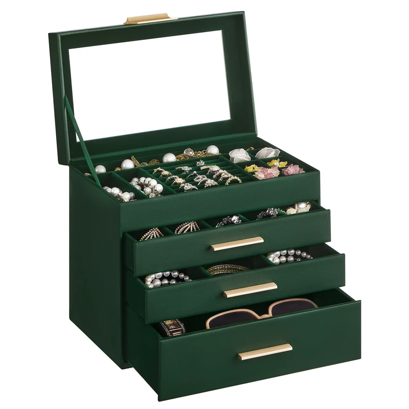 SONGMICS Jewelry Box with Glass Lid, 4-Layer Jewelry Organizer, 3 Drawers, for Sunglasses, Big Jewelry, Jewelry Storage, Forest Green and Gold Color