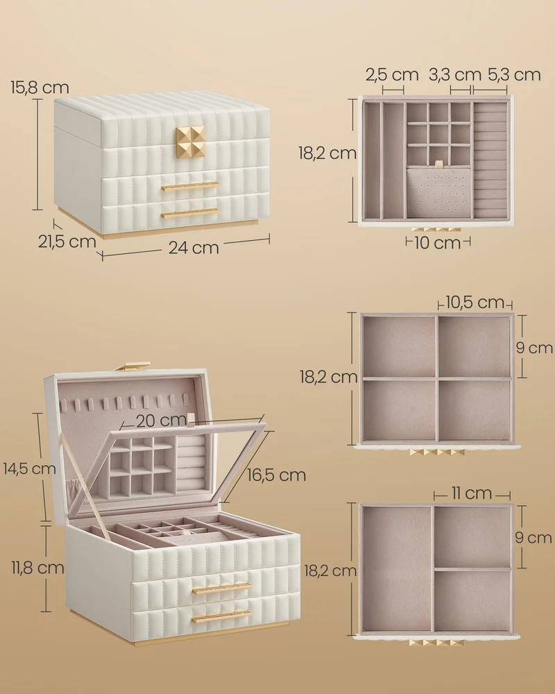 ANAH 3-Tier Jewelry Box with Mirror, Jewelry Organizer with 2 Drawers, PU Surface with Stitching, White