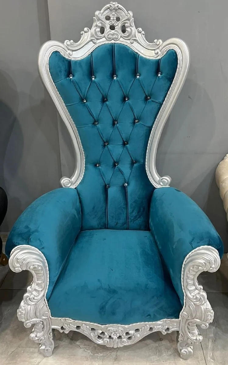 Casa Padrino Barock Thron Sessel mit edlem Samtstoff und Glitzersteinen Blau / Silber - Handgefertigter Königssessel im Barockstil - Prunkvoller Hochzeitssessel - Barock Riesensessel - Barock Möbel