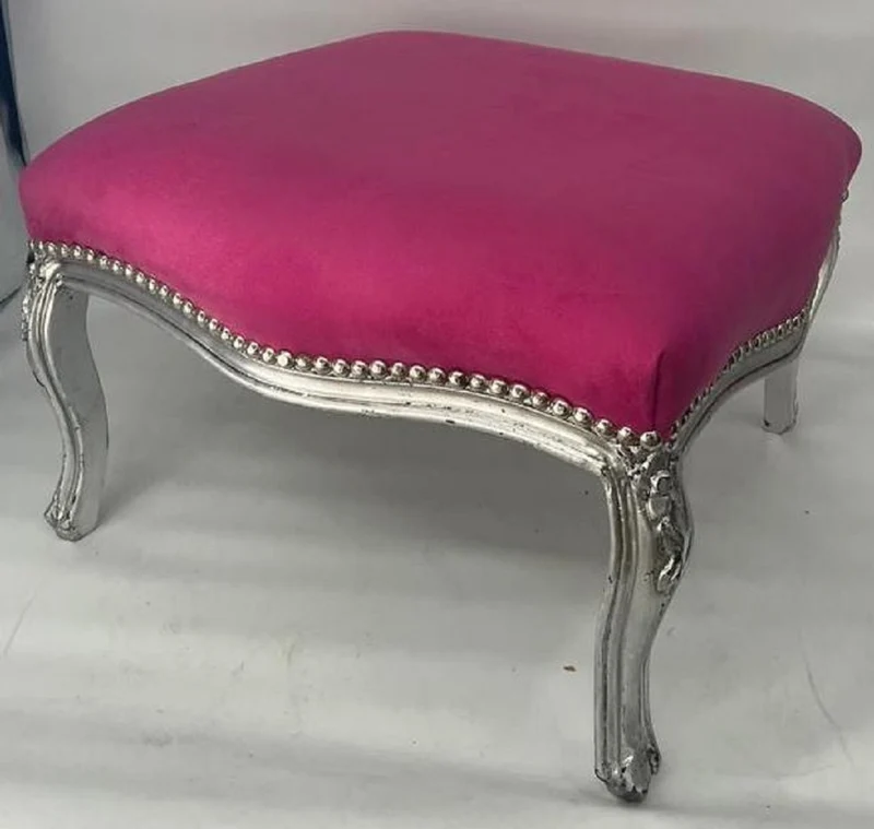 Casa Padrino Barock Hocker Rosa / Silber - Handgefertigter Sitzhocker im Barockstil - Barock Fußhocker - Wohnzimmer Möbel im Barockstil - Barockstil Möbel - Barock Möbel - Edel & Prunkvoll