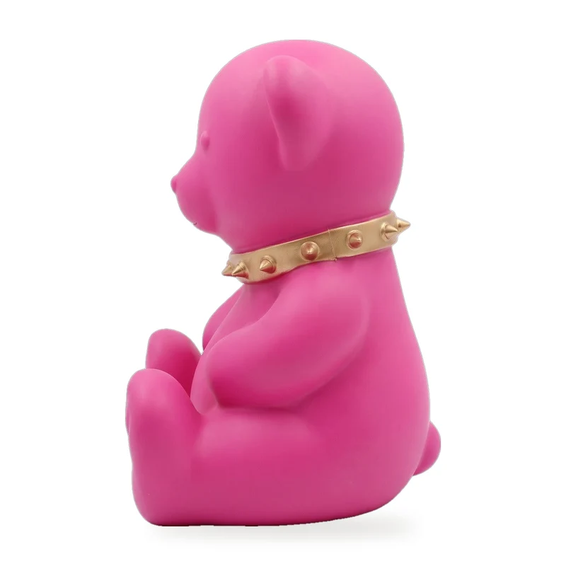 Casa Padrino Luxus Designer Dekofigur Teddybär mit Halsband Rosa / Gold H. 31 cm - Kunstharz Deko Skulptur - Luxus Deko Figur - Designer Deko Figur - Luxus Accessoires