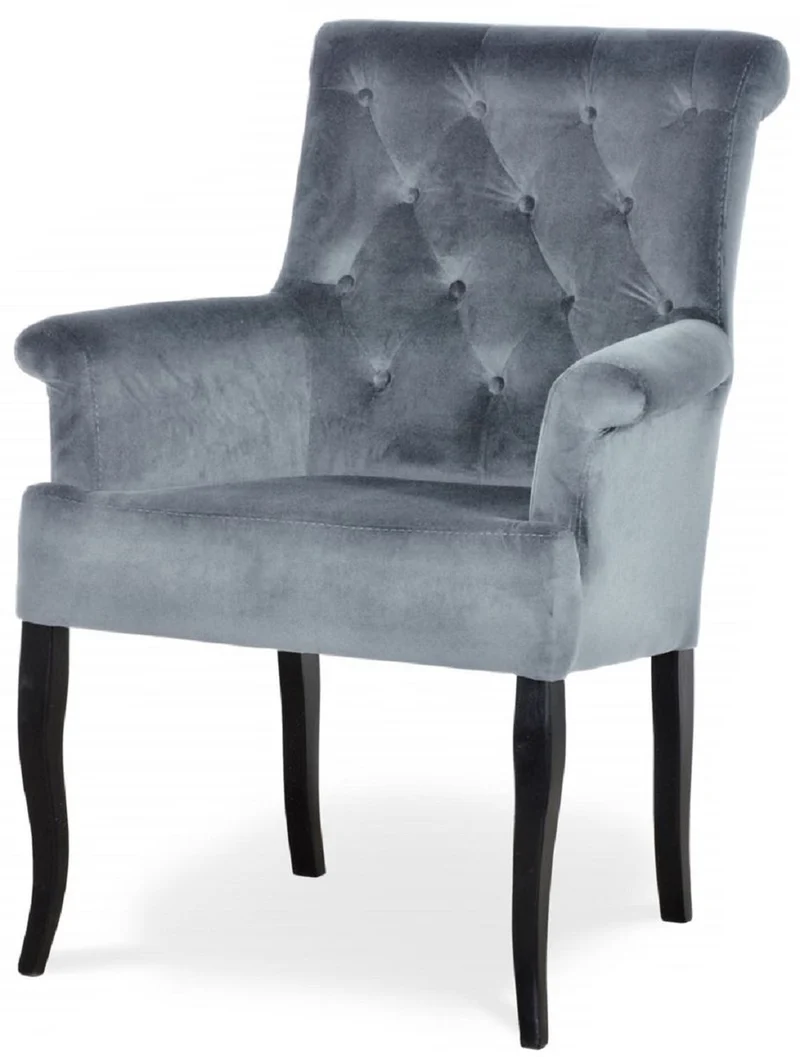 Casa Padrino Chesterfield Neo Barock Esszimmer Stuhl Grau / Schwarz - Küchenstuhl mit Armlehnen - Esszimmer Möbel - Chesterfield Möbel - Neo Barock Möbel