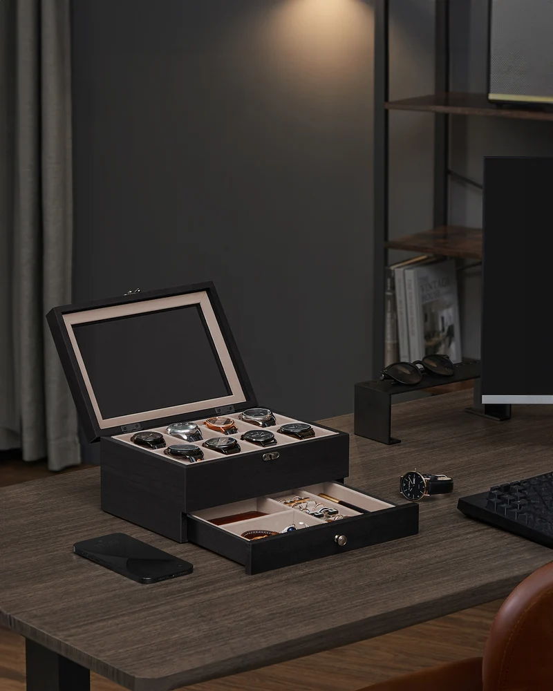 SONGMICS 8-Slot Watch Box, 2-Tier Watch Display Case with Large Glass Lid, Velvet Lining Jewelry Storage Holder for Men