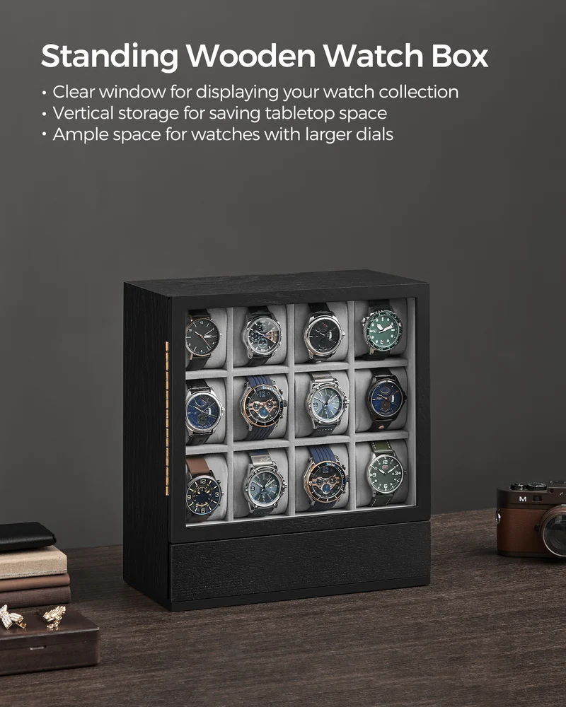 SONGMICS 12-Slot Watch Box, Watch Display Case Wood Cabinet with Velvet Lining, Vertical Storage, Space Saving