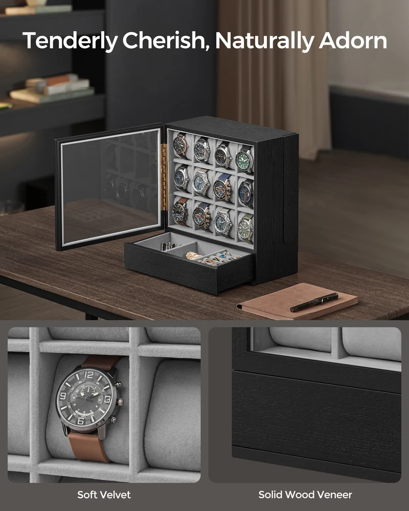 SONGMICS 12-Slot Watch Box, Watch Display Case Wood Cabinet with Velvet Lining, Vertical Storage, Space Saving