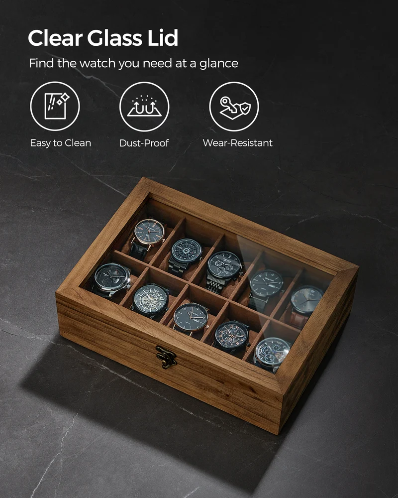 SONGMICS 10-Slot Watch Box, Watch Display Case with Large Glass Lid, Velvet Lining Jewelry Storage Holder for Men, Rustic Walnut