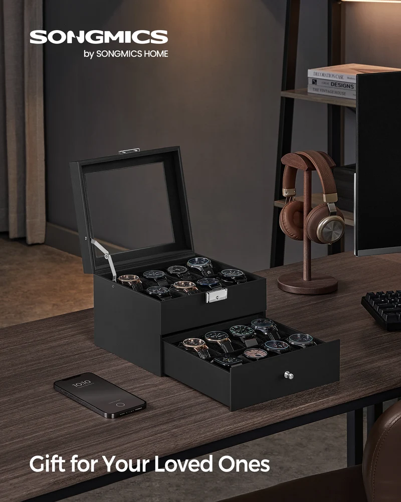 SONGMICS 16-Slot Watch Box, Leather Watch Case with Glass Lid, 2 Layers Lockable Watch Display Case, Black and Black