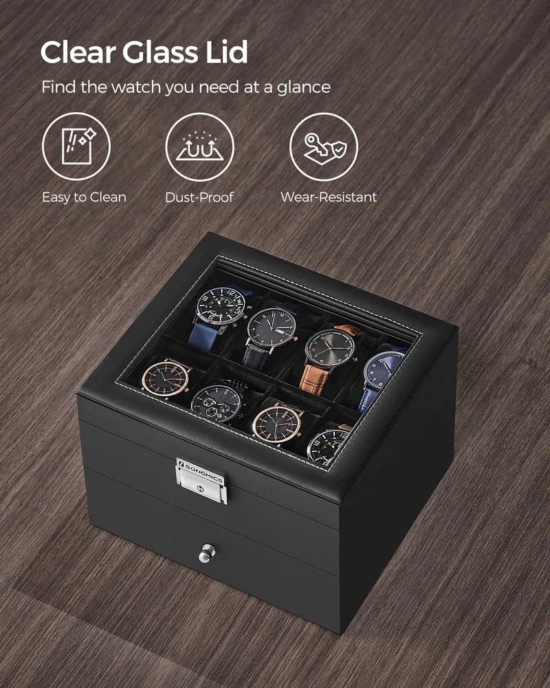SONGMICS 16-Slot Watch Box, Leather Watch Case with Glass Lid, 2 Layers Lockable Watch Display Case, Black and Black
