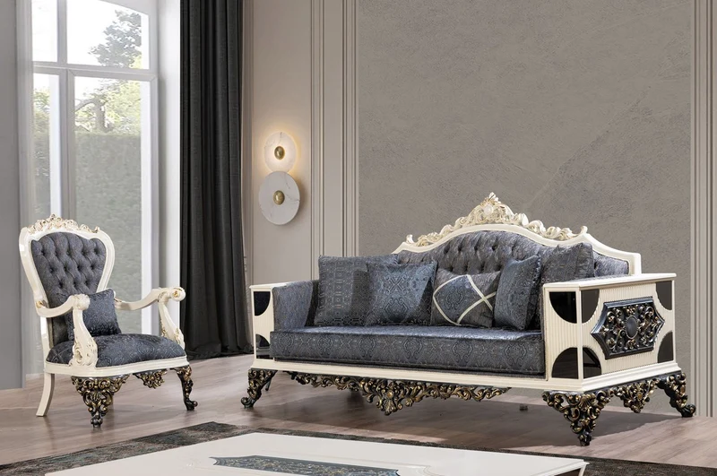 Casa Padrino Luxus Barock Sessel Blau / Weiß / Gold - Prunkvoller Wohnzimmer Sessel mit elegantem Muster - Luxus Wohnzimmer Möbel im Barockstil - Barock Möbel - Barock Einrichtung