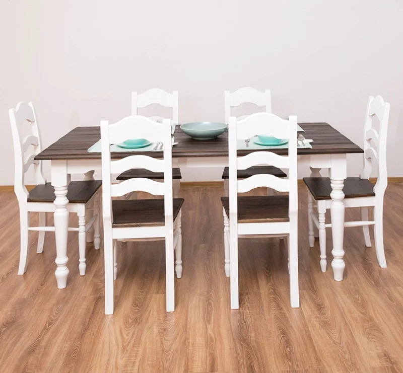 Casa Padrino Landhausstil Esszimmer Möbel Set Weiß / Dunkelbraun - 1 Landhausstil Esstisch & 6 Landhausstil Esszimmerstühle - Massivholz Esszimmer Möbel - Landhausstil Esszimmer Möbel