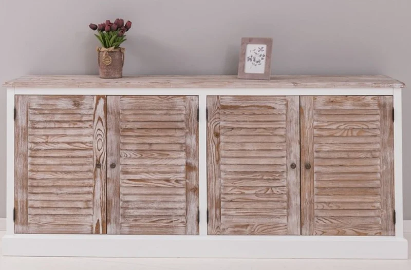 Casa Padrino Landhausstil Sideboard Weiß / Naturfarben 209 x 37 x H. 90 cm - Massivholz Schrank mit 4 Türen - Massivholz Möbel - Esszimmer Möbel - Landhausstil Möbel