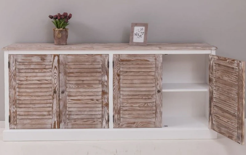 Casa Padrino Landhausstil Sideboard Weiß / Naturfarben 209 x 37 x H. 90 cm - Massivholz Schrank mit 4 Türen - Massivholz Möbel - Esszimmer Möbel - Landhausstil Möbel