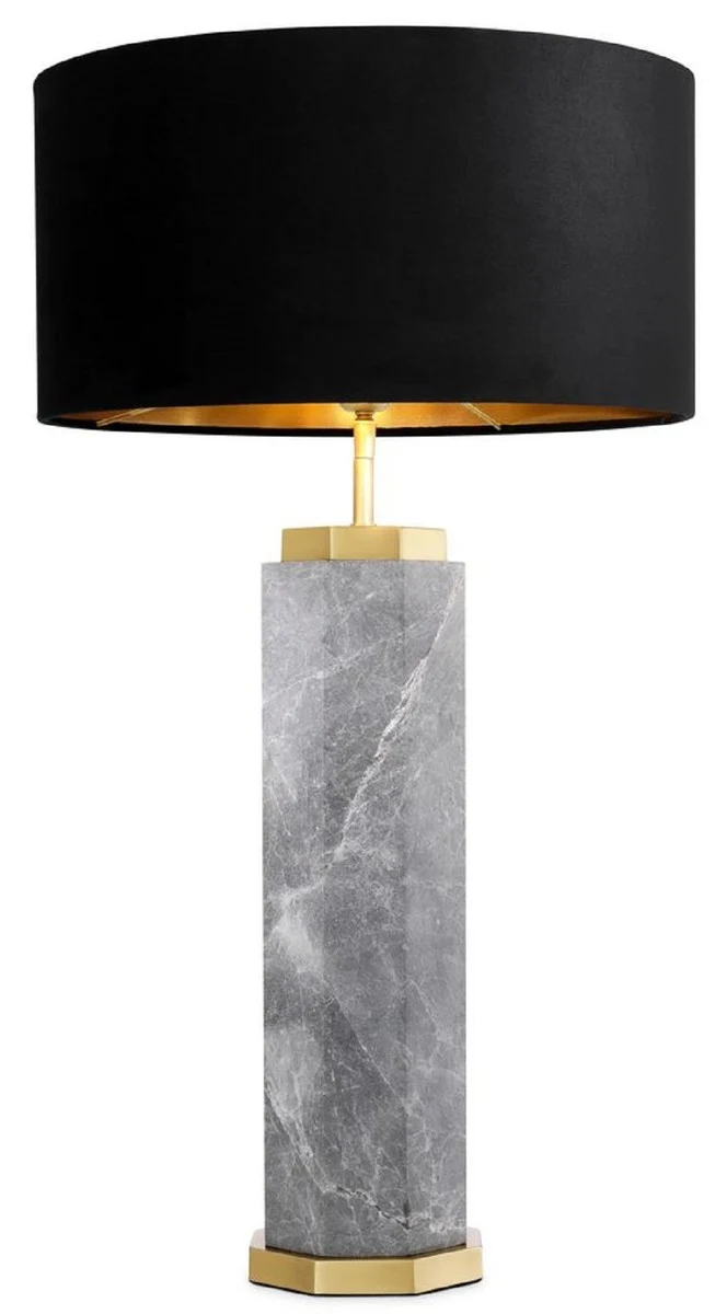 Casa Padrino Luxus Tischleuchte Grau / Antik Messing / Schwarz Ø 40 x H. 75 cm - Marmor Schreibtischleuchte mit rundem Samt Lampenschirm - Luxus Tischleuchten - Luxus Schreibtischleuchten