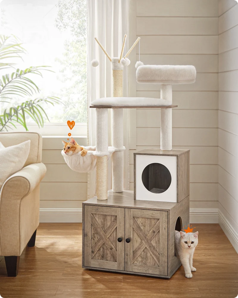 Feandrea WoodyWonders 2-in-1 Cat Tree with Litter Box Enclosure - Modern Cat Condo with Scratching Posts, Greige