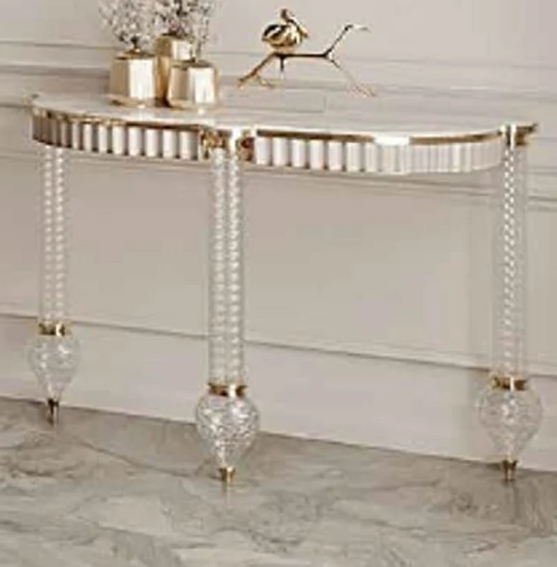 Casa Padrino Luxus Art Deco Konsole Weiß / Gold 150 x 45,5 x H. 77 cm - Konsolentisch mit Kunstmarmor Tischplatte und eleganten Glas Beinen - Luxus Möbel - Art Deco Möbel