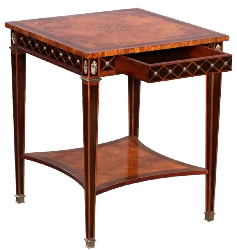 Casa Padrino Luxus Art Deco Beistelltisch Naturfarben / Braun Intarsien / Silber / Antik Messing 61 x 61 x H. 77 cm - Quadratischer Massivholz Tisch mit Schublade - Luxus Art Deco Wohnzimmer Möbel