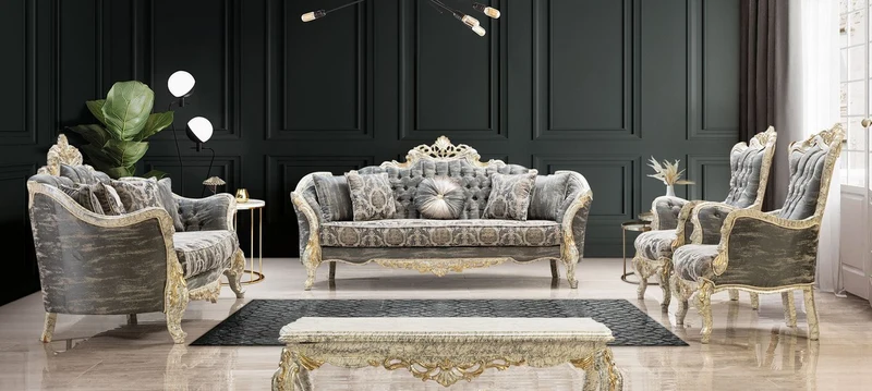 Casa Padrino Luxus Barock Wohnzimmer Set Grau / Antik Weiß / Gold - 2 Barock Sofas & 2 Barock Sessel & 1 Barock Couchtisch - Luxus Wohnzimmer Möbel im Barockstil - Barock Möbel - Edel & Prunkvoll