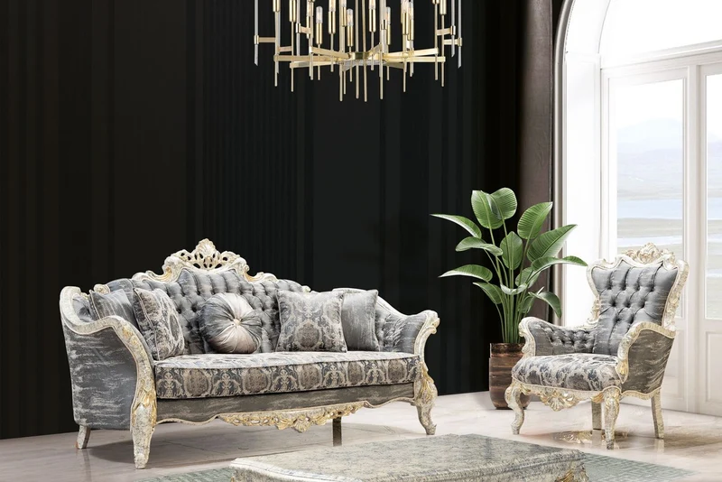 Casa Padrino Luxus Barock Wohnzimmer Set Grau / Antik Weiß / Gold - 2 Barock Sofas & 2 Barock Sessel & 1 Barock Couchtisch - Luxus Wohnzimmer Möbel im Barockstil - Barock Möbel - Edel & Prunkvoll