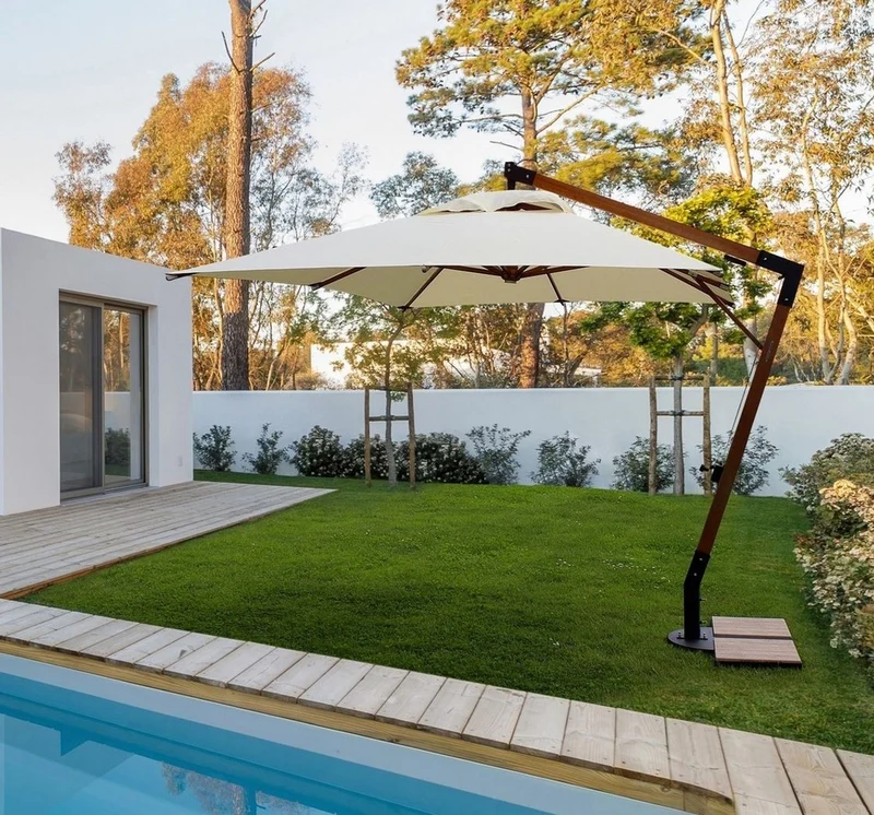 Casa Padrino Luxus Ampelschirm mit Ständer Braun / Schwarz / Creme 400 x 300 x H. 320 cm - Garten Sonnenschirm - Terrassen Sonnenschirm - Balkon Sonnenschirm - Garten Terrassen Balkon Accessoires