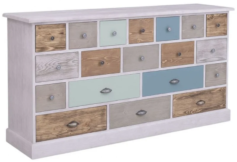 Casa Padrino Landhausstil Kommode Hellgrau / Mehrfarbig 180 x 48 x H. 95 cm - Massivholz Schrank mit 19 Schubladen - Landhausstil Möbel - Möbel im Landhausstil - Landhausstil Einrichtung