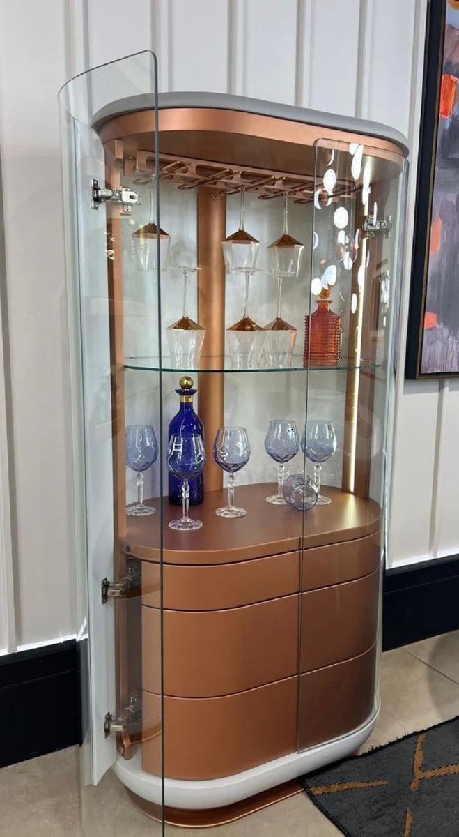 Casa Padrino Luxus Barschrank Weiß / Grau / Kupfer 80 x 50 x H. 165 cm - Beleuchteter Massivholz Weinschrank mit 2 Türen - Wohnzimmer Möbel - Bar Möbel - Hotel Möbel - Luxus Kollektion