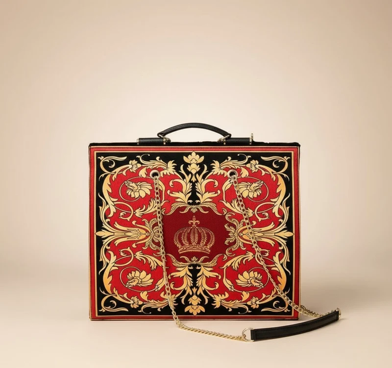 Pompöös by Casa Padrino Luxus Damen Handtasche Krone und Glitzersteine Rot / Schwarz / Gold 43 x H. 43 cm - designed by Harald Glööckler