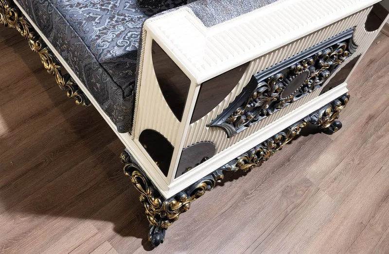 Casa Padrino Luxus Barock Sofa Blau / Weiß / Schwarz / Gold - Handgefertigtes Wohnzimmer Sofa mit elegantem Muster - Luxus Wohnzimmer Möbel im Barockstil - Prunkvolle Barock Möbel