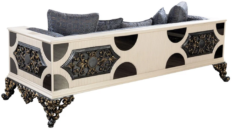 Casa Padrino Luxus Barock Sofa Blau / Weiß / Schwarz / Gold - Handgefertigtes Wohnzimmer Sofa mit elegantem Muster - Luxus Wohnzimmer Möbel im Barockstil - Prunkvolle Barock Möbel