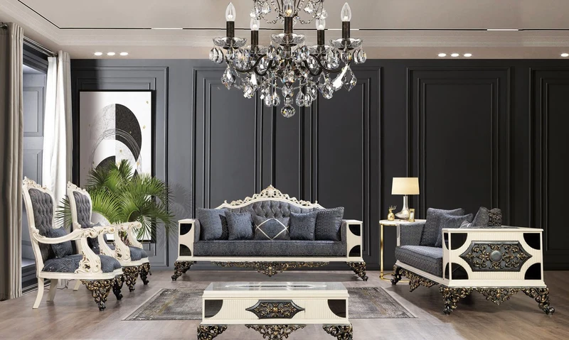 Casa Padrino Luxus Barock Sofa Blau / Weiß / Schwarz / Gold - Handgefertigtes Wohnzimmer Sofa mit elegantem Muster - Luxus Wohnzimmer Möbel im Barockstil - Prunkvolle Barock Möbel